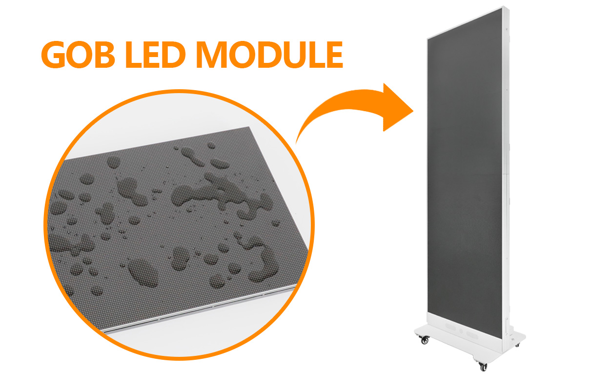EA1920iP5 Indoor LED Poster Display 8 - LED Screen Board - LED Screen Board Close-up of a Gob LED module with a textured surface and water droplets, showing it being connected to a tall vertical LED display on a wheeled stand with wheels