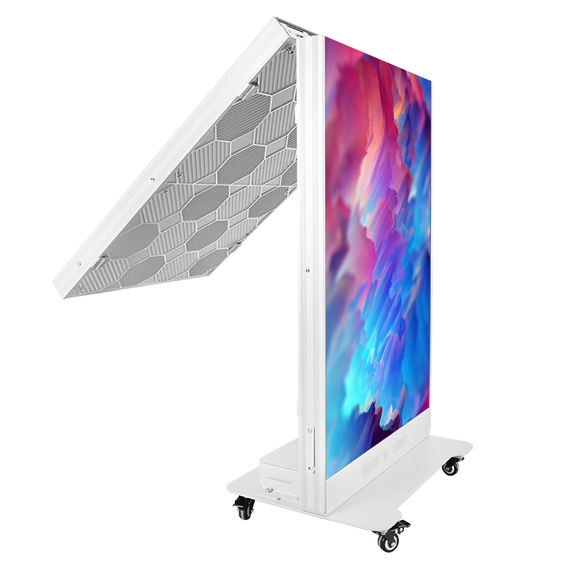 Mobile vertical digital signage display on a wheeled stand with a colorful abstract screen and an open tilted panel at the top cabling area.