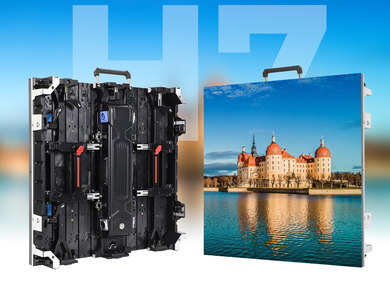 Left: back of a modular LED panel with mounting hardware and connectors. Right: front of a panel showing a lakeside castle against a blue sky.