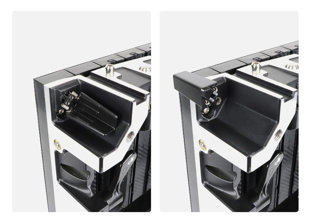 EA500H7 corner protector shown folded into its recess and extended around the module corner