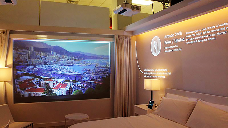Guest-Rooms - LED Screen Board Hotel room with a large projector screen showing a coastal town, white bed in foreground and bedside lamp. Text on the wall glows softly.
