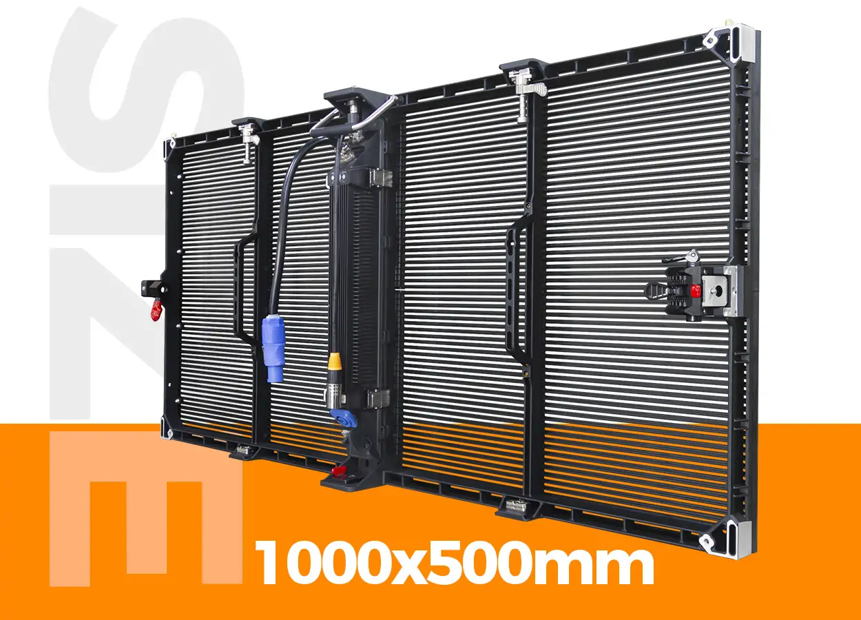 Rear view of a 1000 x 500 mm outdoor LED display cabinet with sealed power and data connectors