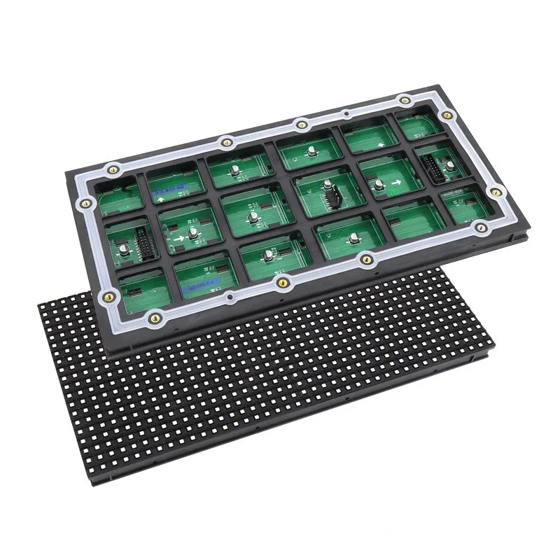 Front and rear view of an outdoor LED display module showing the pixel matrix and driver board