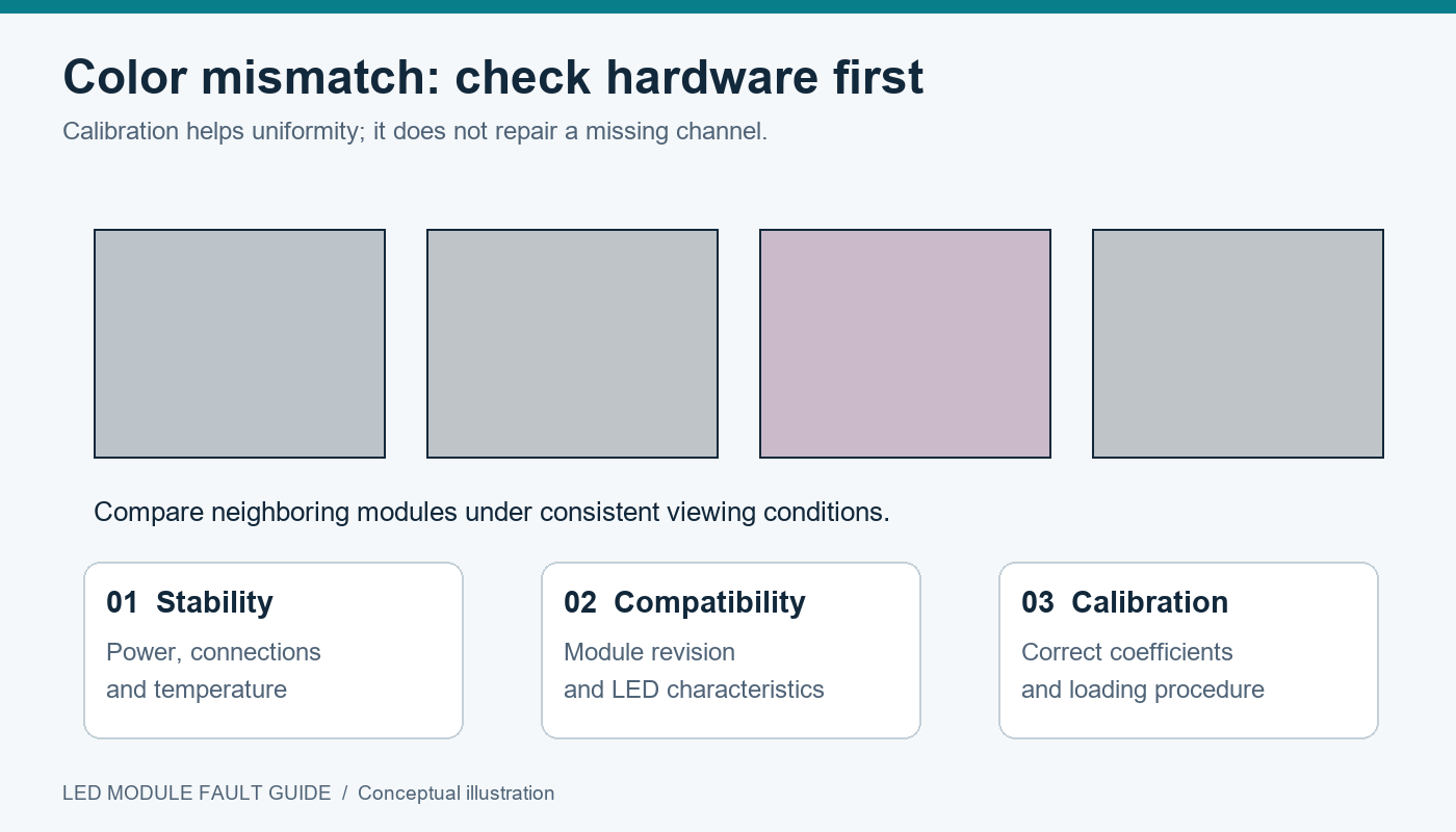 LED module color-shift checks covering hardware stability, compatibility and calibration