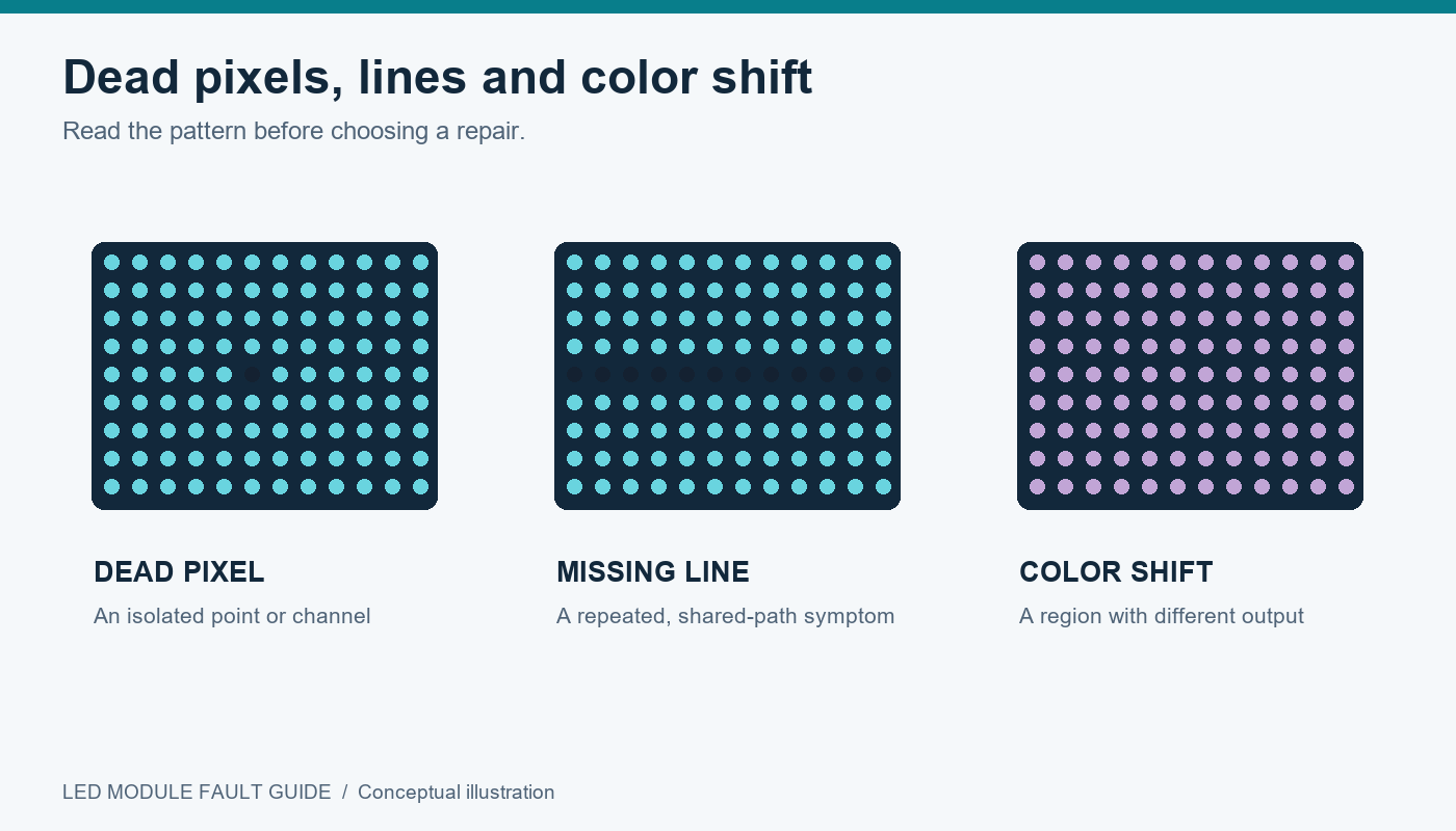 LED module fault diagram comparing a dead pixel, a missing line and color shift