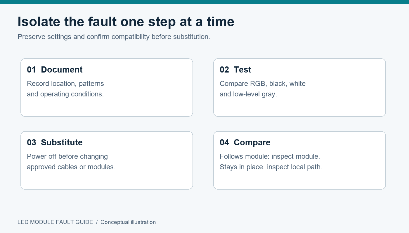 Four-step LED module fault isolation workflow: document, test, substitute and compare