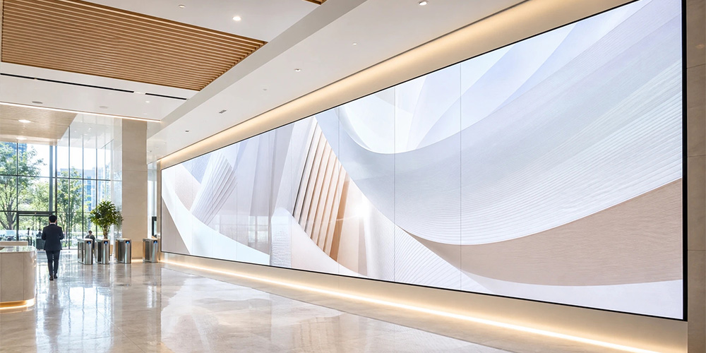 Modular LED Corporate Lobby Wall - LED Screen Board Custom modular LED video wall across a modern corporate lobby