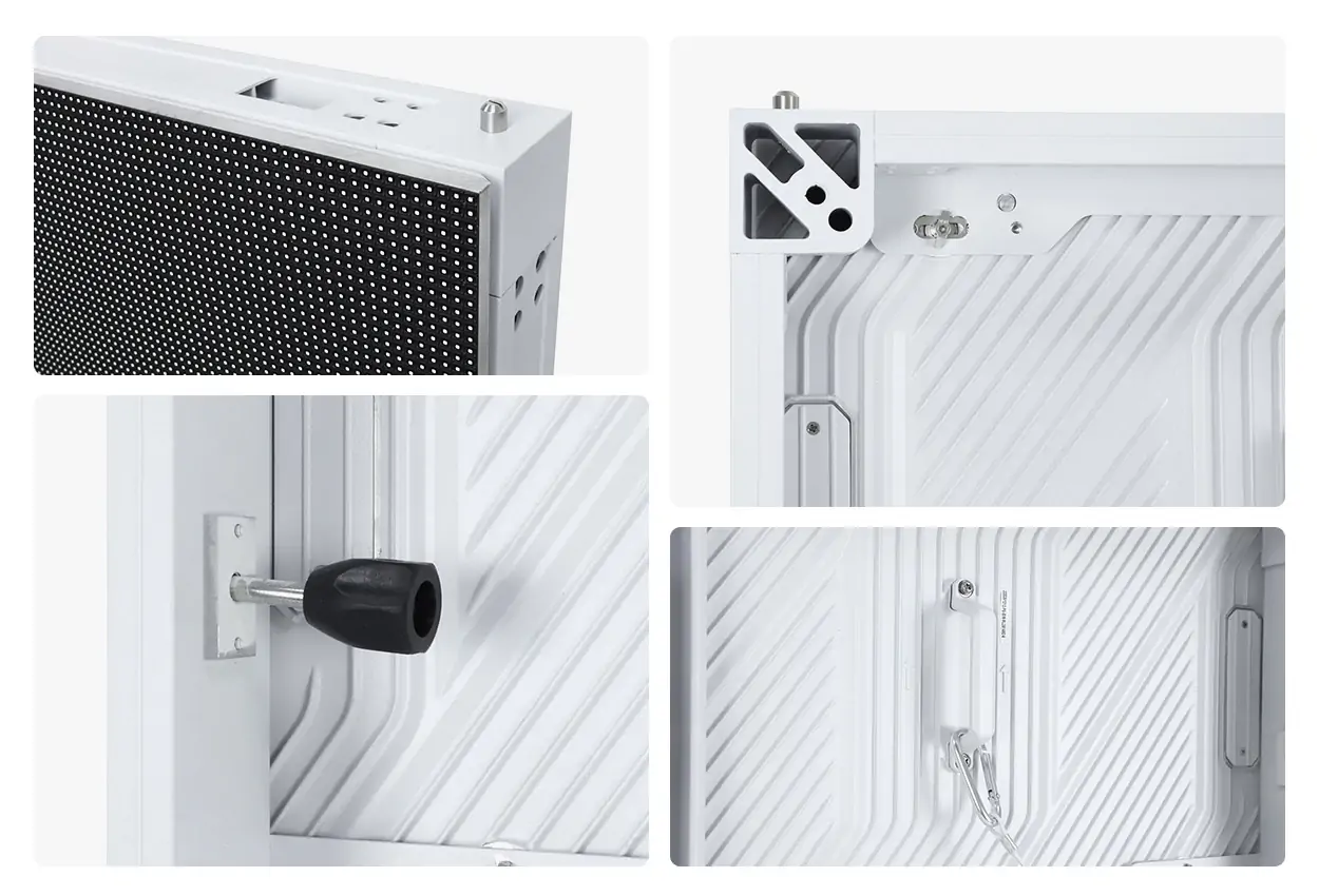 Close-up views of LED cabinet locating pins, corners and connection hardware