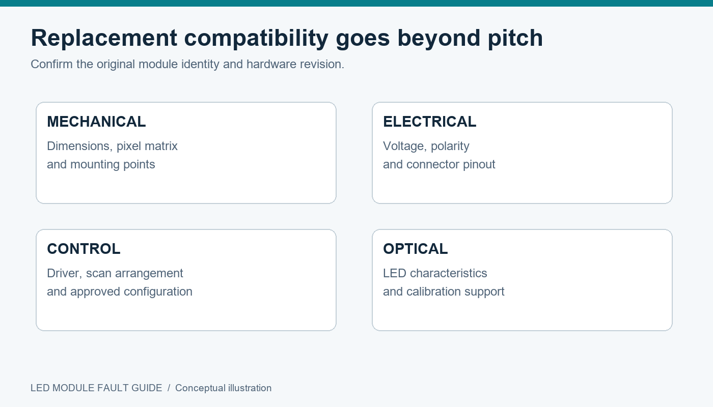 Replacement LED module checklist covering mechanical, electrical, control and optical compatibility