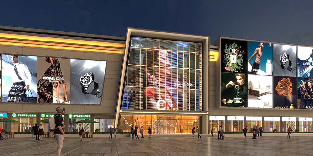 Large outdoor LED billboards on a shopping mall facade