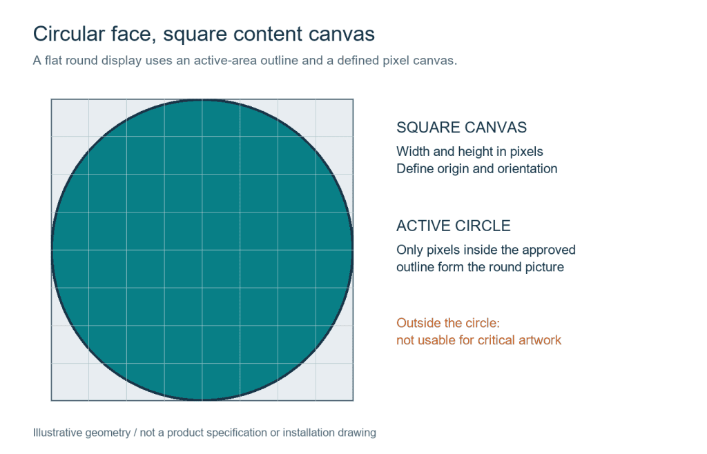 Illustrative circular LED screen active area inside a square content canvas