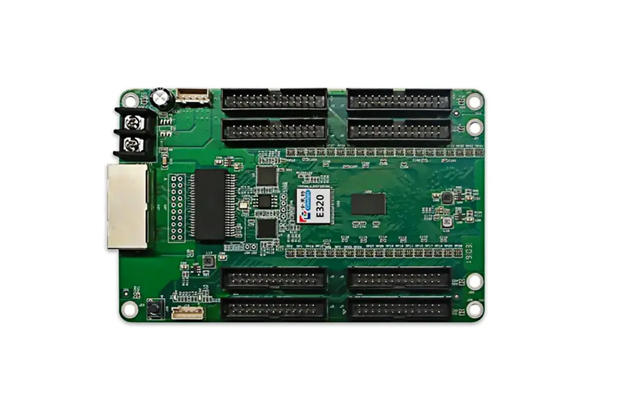 colorlight-e320-receiving-card-connectors - LED Screen Board - LED Screen Board Colorlight E320 receiving card showing output headers and power connections