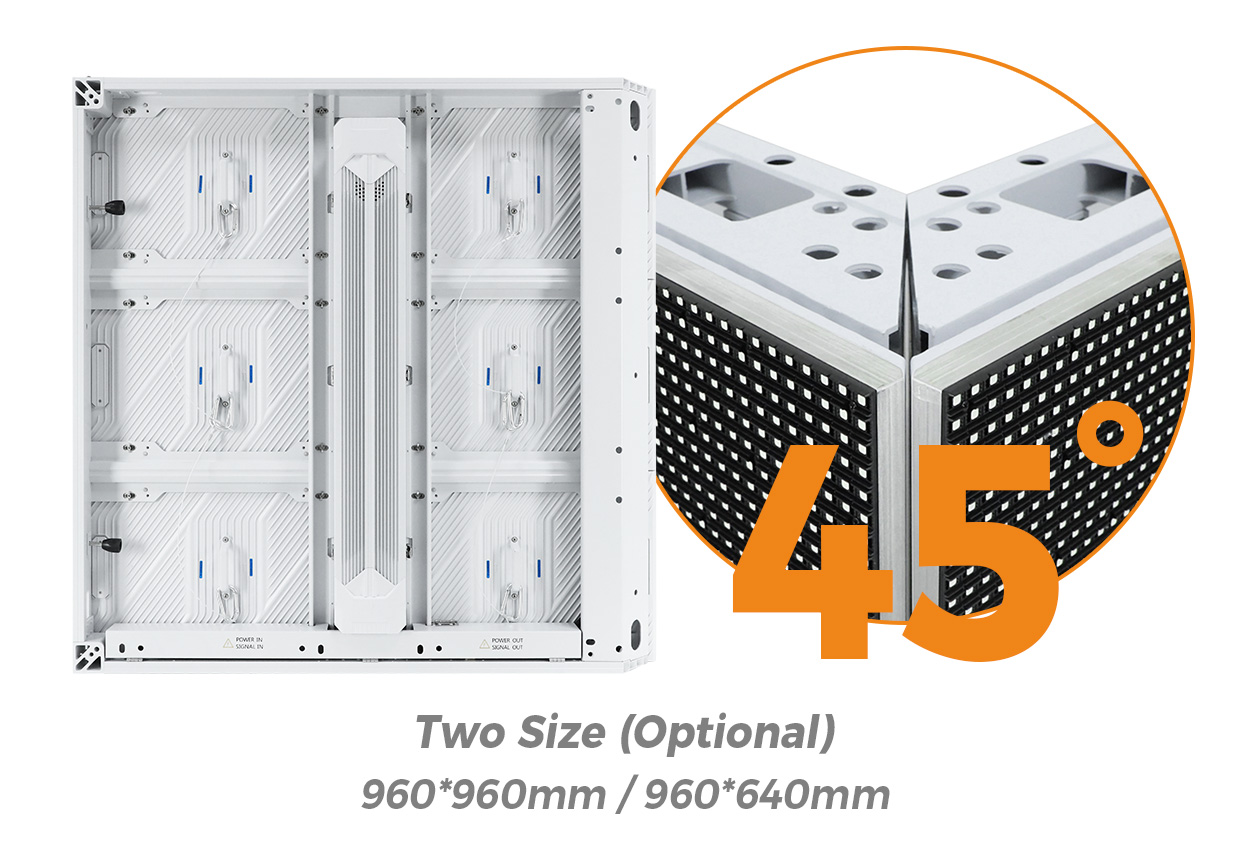 EA960F4 45-degree beveled cabinet corner - LED Screen Board - LED Screen Board EA960F4 cabinet and close-up of two 45-degree beveled edges forming a right-angle LED corner