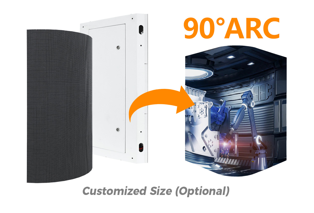 EA960F4 curved cabinet shown from front and rear with a promotional rounded-corner display illustration
