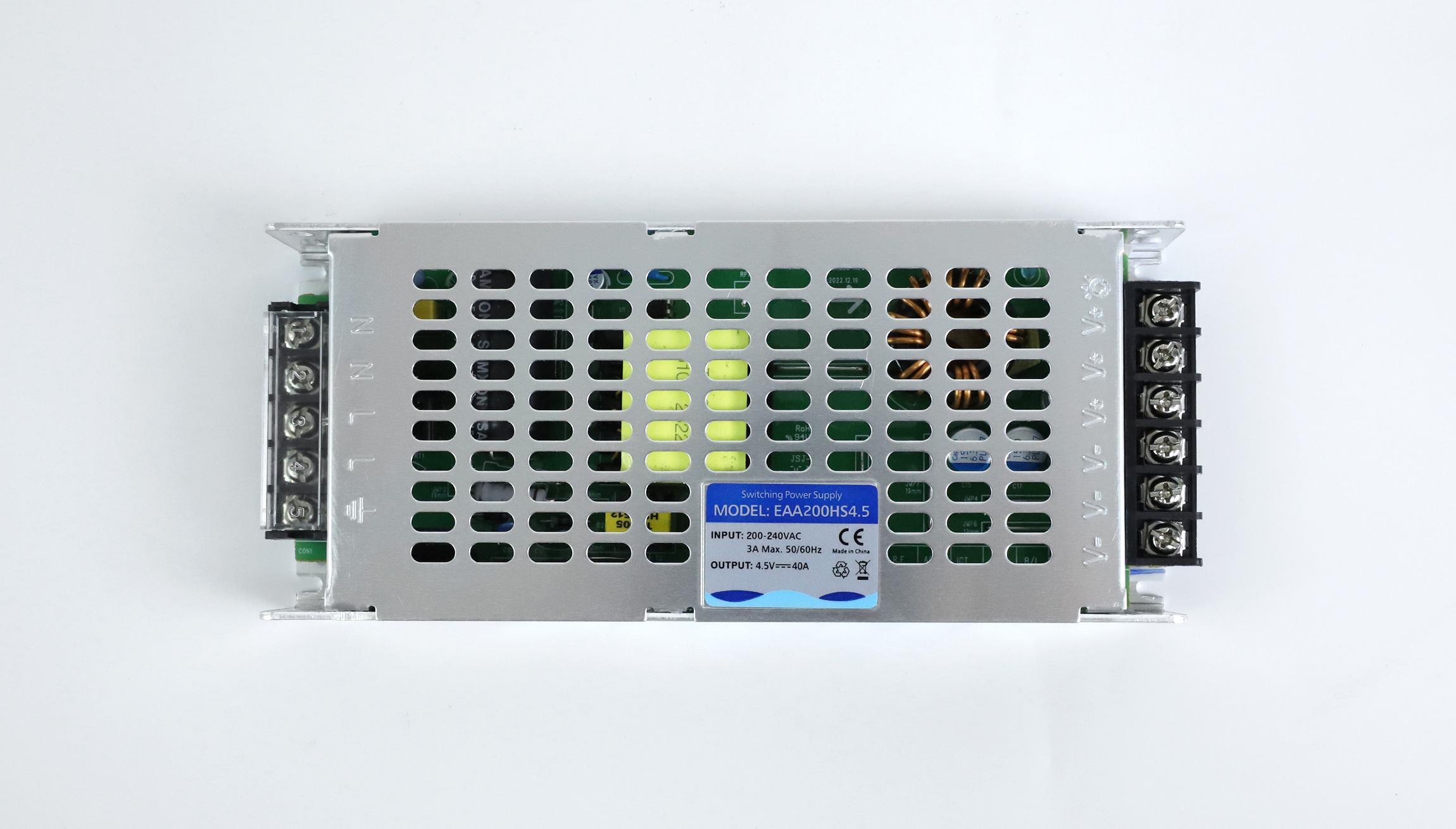 EAA200HS4.5 label showing 200-240V AC input and 4.5V 40A output beside its terminals