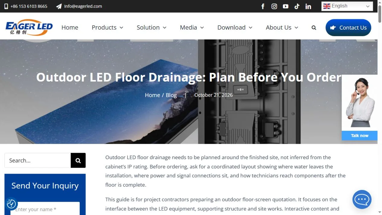 EagerLED official website showing an outdoor LED floor article with Home and Blog breadcrumb navigation