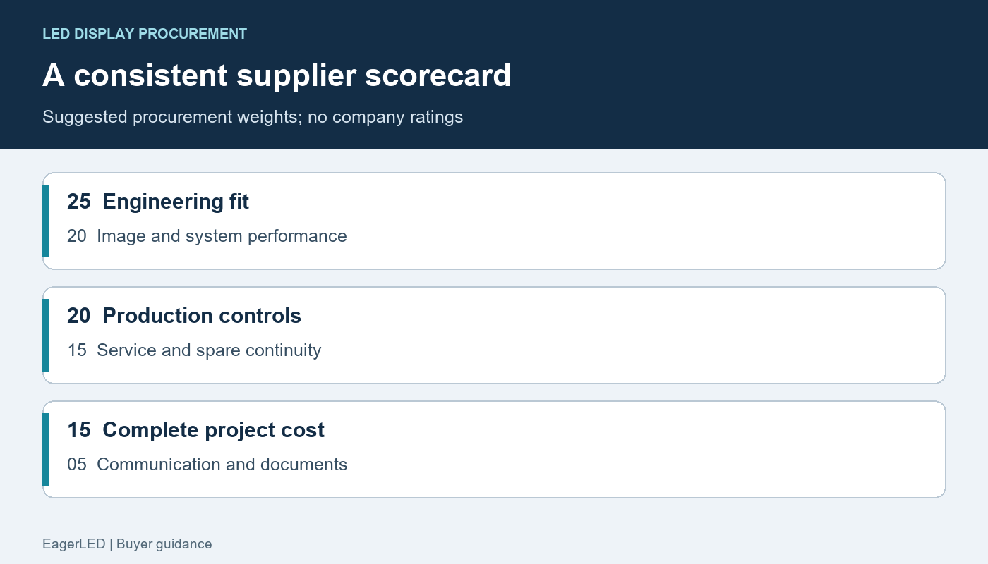 LED display manufacturer scorecard with six suggested criteria totaling 100 points