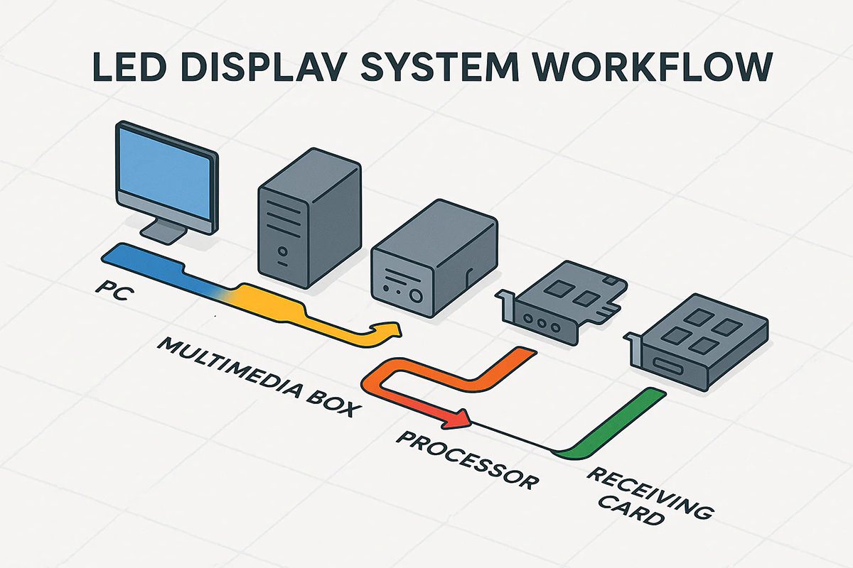 led-receiving-card-signal-workflow - LED Screen Board - LED Screen Board Simplified LED display signal workflow from source and processing to the receiving card