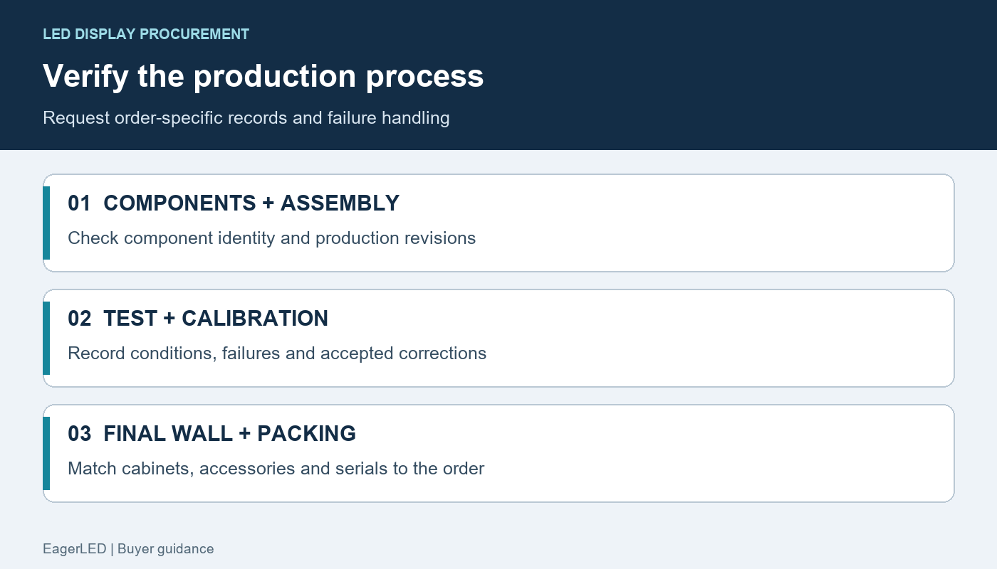 Quality verification sequence from incoming components through assembly, testing, calibration and packing