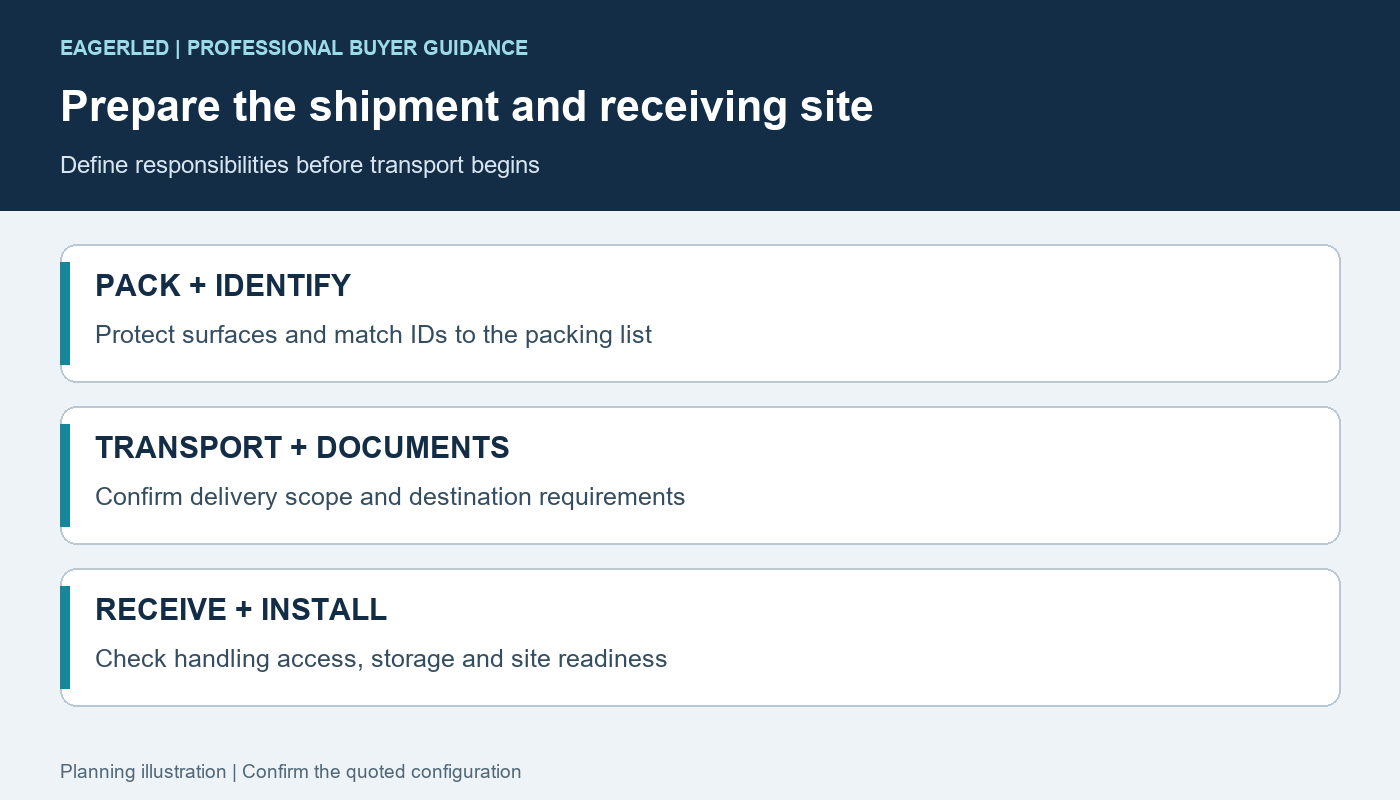 LED screen shipment readiness checks for protective packing, package inventory, transport scope and receiving access