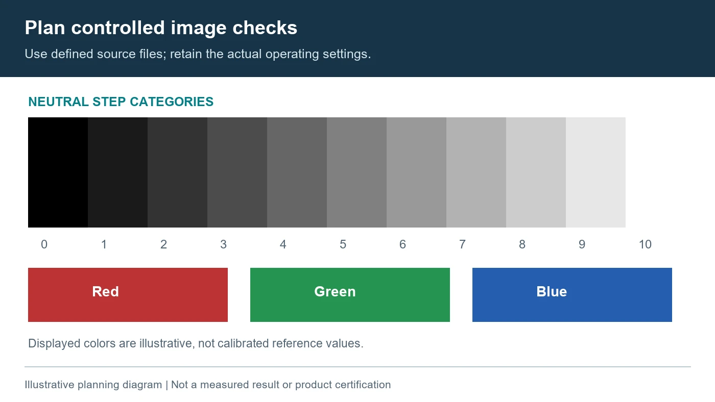Illustrative neutral grayscale steps and colored fields for planning a display sample review