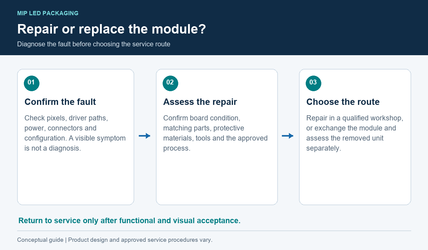 Repair decision sequence: diagnose the fault, assess repair feasibility, then repair or exchange the module