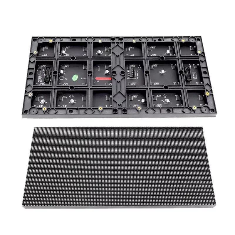 P2.5 indoor LED module for pitch comparison - LED Screen Board - LED Screen Board Modular LED display panel with a dense grid of LEDs (front) and the matching back housing showing mounting points (rear).